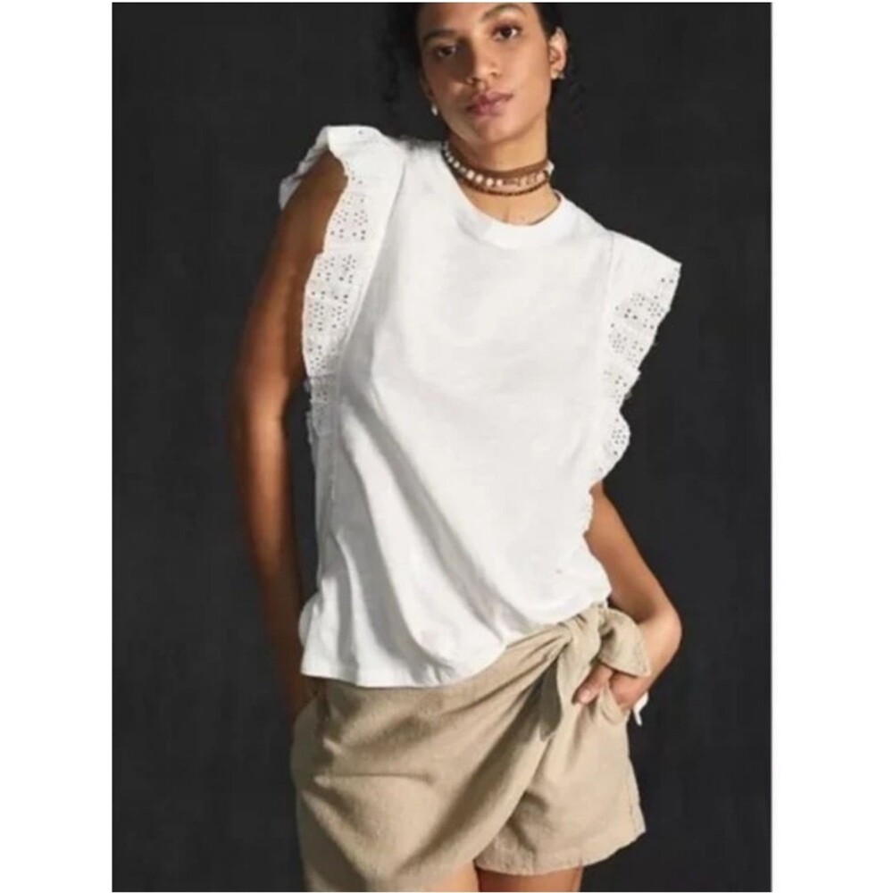Pilot Ruffle Eyelet Flutter Sleeve White tunic Tank size medium
